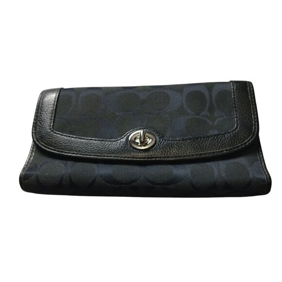 Coach Signature Black Fabric Leather Tri-Fold Turn Lock Wallet Classic - Picture 1 of 5